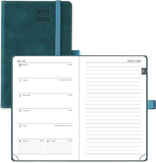 POPRUN Planner 2025-2026 Weekly Notebook for Purse(Pocket Size 4''x 6.25'') Small Academic Calendar (JUL.25 - JUN.26) with Monthly Tabs, Leather Soft Cover, Inner Pocket, 100 GSM - Petrol Green