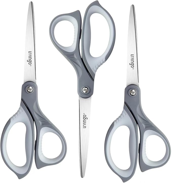 LIVINGO 3 Pack Scissors for Office: Sharp Stainless Steel Shears Heavy Duty All Purpose for Cutting Crafting Paper Fabric, Gray Comfort Handles, 8.5 Inches