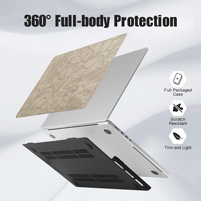 DTangLsm for MacBook Air 13 inch Case 2025 2024-2022 Release M4 A3240 M3 A3113 M2 A2681, Retro Leather Hard Shell Elegant Textured Case for MacBook Air 13.6 inch+Keyboard Cover,Apricot Embossed Floral