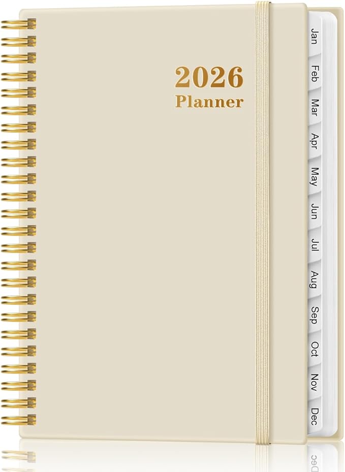 2026 Planner - Weekly and Monthly Calendar Planner from Jan 2026 - Dec 2026, Planner 2026 Spiral Bound with 12 Monthly Tabs, Inner Pocket, Perfect for School Office Supplies, 6.4" x 8.5", Beige
