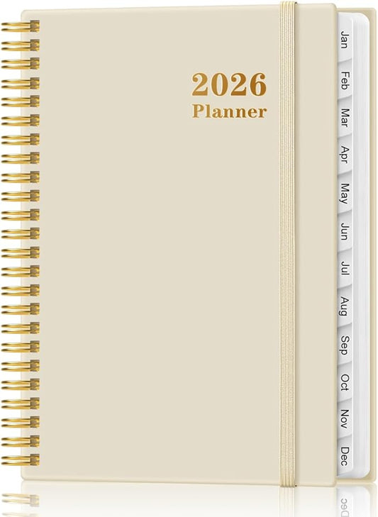 2026 Planner - Weekly and Monthly Calendar Planner from Jan 2026 - Dec 2026, Planner 2026 Spiral Bound with 12 Monthly Tabs, Inner Pocket, Perfect for School Office Supplies, 6.4" x 8.5", Beige