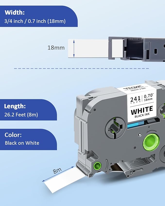 TZe-241 18mm 0.7 Laminated White Tape Compatible for Brother TZe241 Tz-241 P Touch 3/4" TZe TZ Tape for Brother Ptouch PT-D400 PT-D600 PT-D410 PT-D610BT PTD460BT Label Maker, Black on White, 4-Pack
