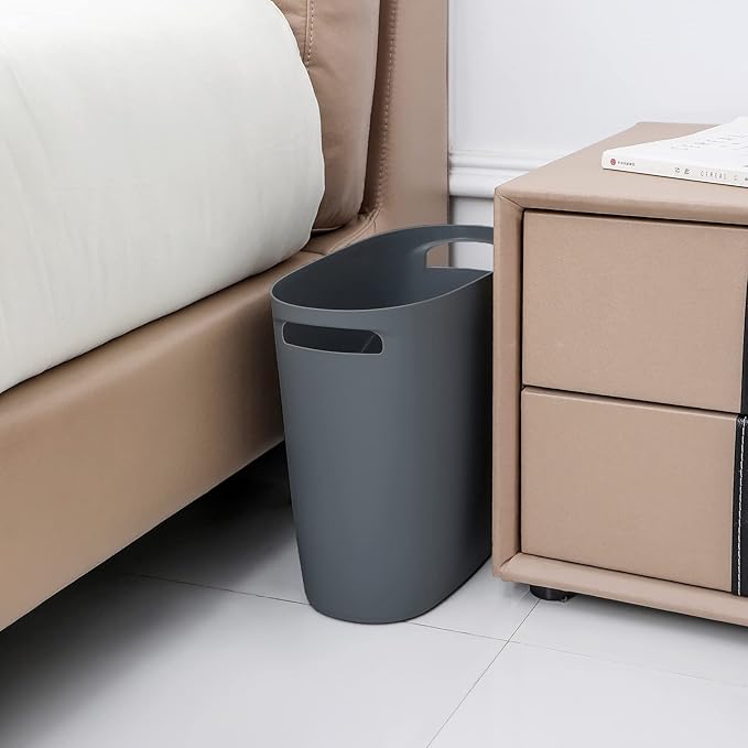 JiatuA Plastic Small Trash Can Slim Waste Basket with Handles 3.2 Gallon Narrow Garbage Container Bin for Bathroom, Bedroom, Kitchen, Home Office Under Desk, Dorm, Laundry Room, Kids Room, Dark Grey