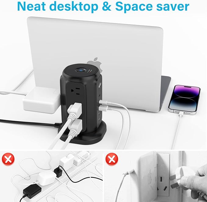 AiJoy Flat Plug Power Strip Tower with 9 Outlets and 5 USB Ports (2 USB-C), 1200J Surge Protection, 1625W Extension Cord with Multiple Outlets Charging Station for Home Dorm Office Supplies