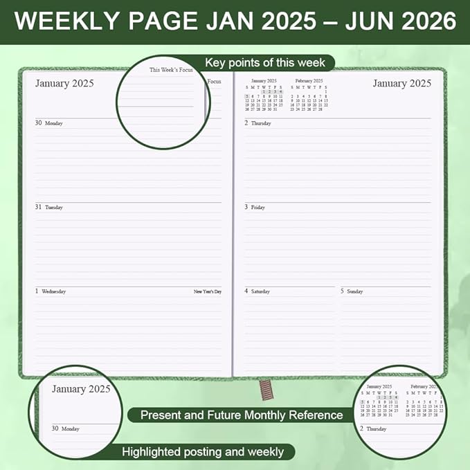 Planner 2025-2026 - 18 Months Academic Planner 5.8" x 8.5", 2025-2026 Weekly & Monthly Agenda with Pen Holder, Vegan Leather Hard Cover, Green