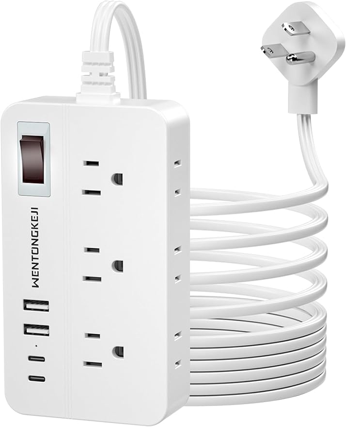 Surge Protector Power Strip - 5Ft Braided Extension Cord Flat Plug with 6 Outlets and 2 USB-A 2 USB-C Ports, 1080 Joules Wall Mounted Charging Station for Office Home ETL (10 FT)