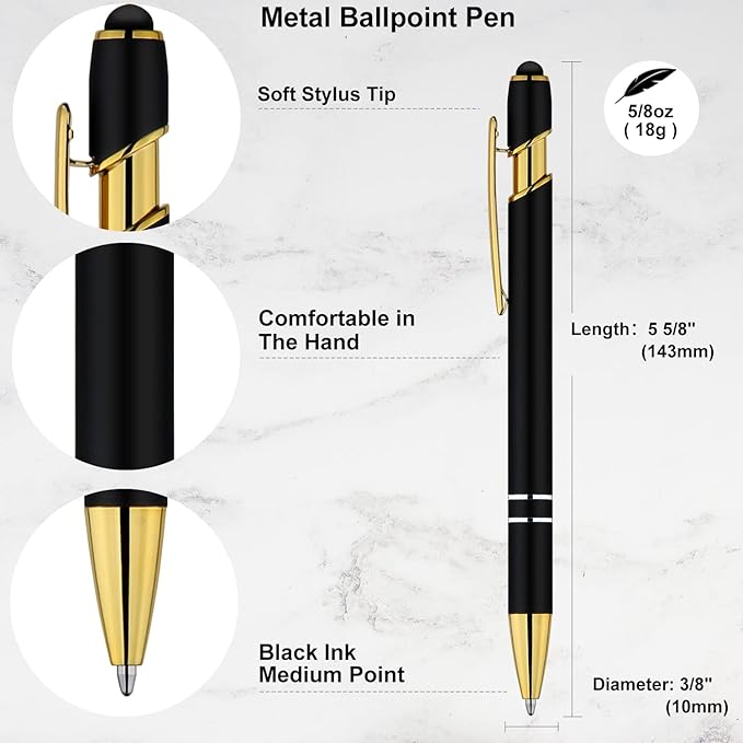 LINFANC 12 Pack Black Gold Ballpoint Pen with Stylus Tip, 1.0 mm Black Ink Smooth Writing Pens, Metal Stylus Pens for Touch Screens