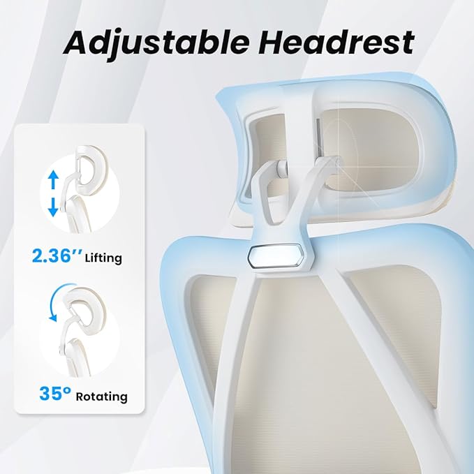 Farini Ergonomic Office Chair with Footrest, Mesh Office Desk Chair with Headrest, High Back Computer Chair with Adjustable Lumbar Support for Home Office Study Room Bedroom, White & Kakhi