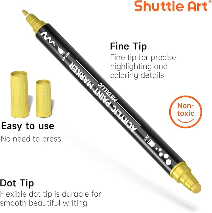 28 Metallic Colors Dual Tip Acrylic Paint Markers, Dot Tip and Fine Tip Acrylic Paint Pens for Rock Painting, Ceramic, Wood, Canvas, Plastic, Glass, Stone, Calligraphy, Card Making, DIY Crafts