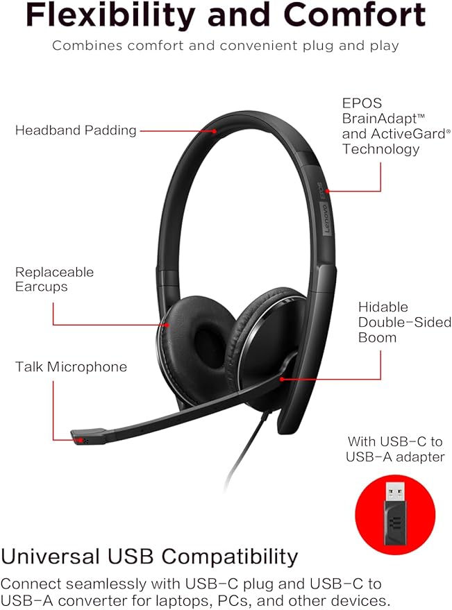 Lenovo Wired ANC Headset Gen 2 (Teams) with Active Noise Cancellation, EPOS BrainAdapt & ActiveGard Tech, Lightweight, USB-C, Plug-and-Play, Zoom Certified, Customizable, Hearing Protection