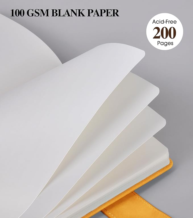 Blank Journal Notebook, A5 Hardcover Leather Sketchbook with 200 Pages Thick Blank Paper for Men Women, Unlined Drawing & Writing Journal, 5.9" x 8.4" Plain Notebook (yellow)