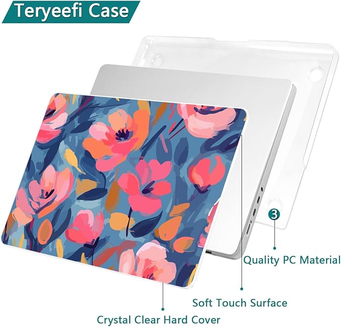 Teryeefi 3D Print Hard Shell Case for MacBook Pro 16 inch, M4 M3 M2 M1 Chip Pro Max 2025 2024-2021,fits Model A3403 A3186 A2991 A2780 A2485 with Type C Adapter & Keyboard Skin-Abstract Pink Flower