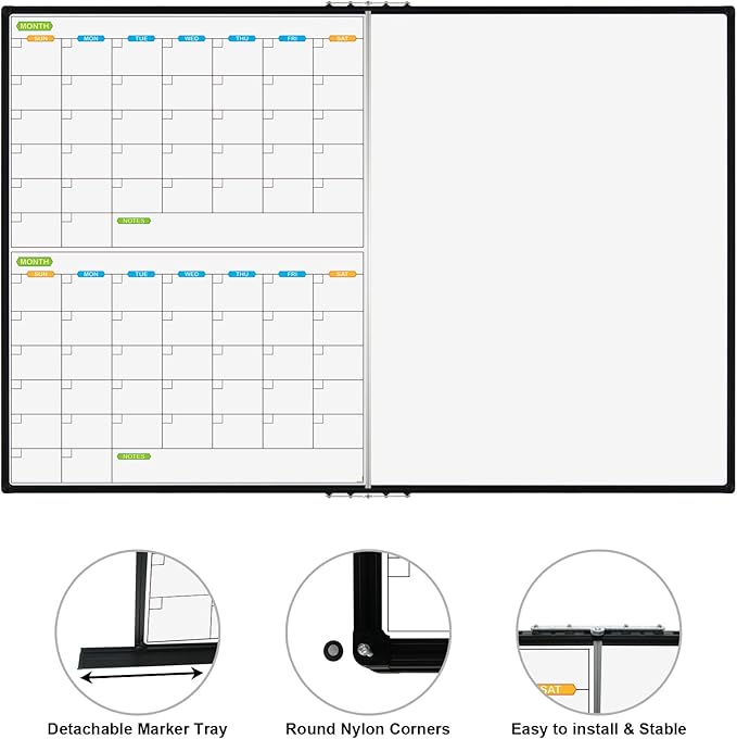 JILoffice Magnetic Foldable Dry Erase Calendar Whiteboard Combo, 2 Month Calendar Board & White Board 60 X 40 Inch, Black Aluminum Frame Wall Mounted Board for Office Home and School