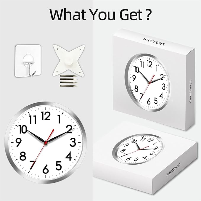 AKCISOT Wall Clock 12 Inch Silent Wall Clocks Battery Operated Non Ticking - Modern Silver Clock Decorative for Kitchen, Bathroom, Bedroom, Living Room, Office, Home