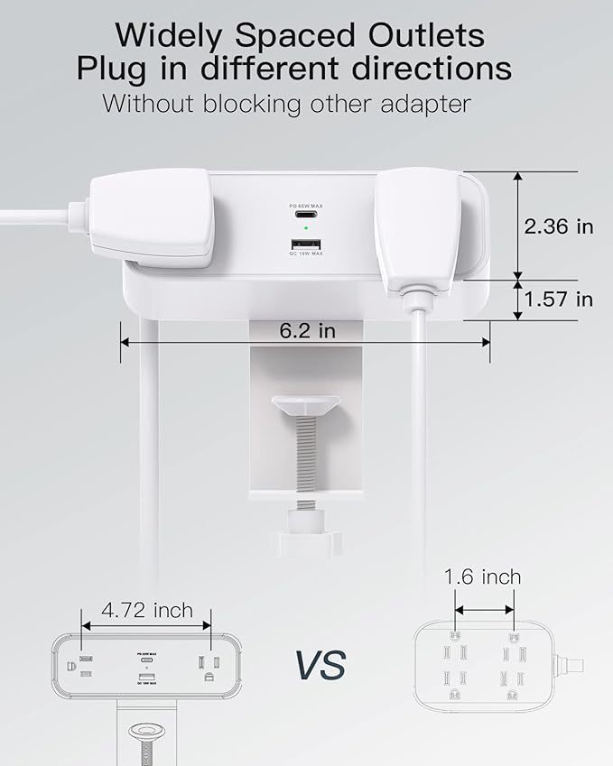 Desk Clamp Power Strip, 65W 10ft Extension Cord- 2 Outlets Desktop Power Strip with USB C 65W, USB A(QC 18W) Desktop Desk Clamp Power Station for Office, Home