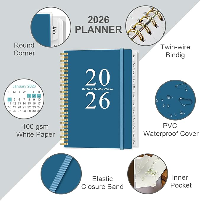 2026 Planner - Planner 2026 from January 2026 to December 2026 with 12 Monthly Tabs, Flexible Cover, Inner Pocket, 8.5" x 11", Blue