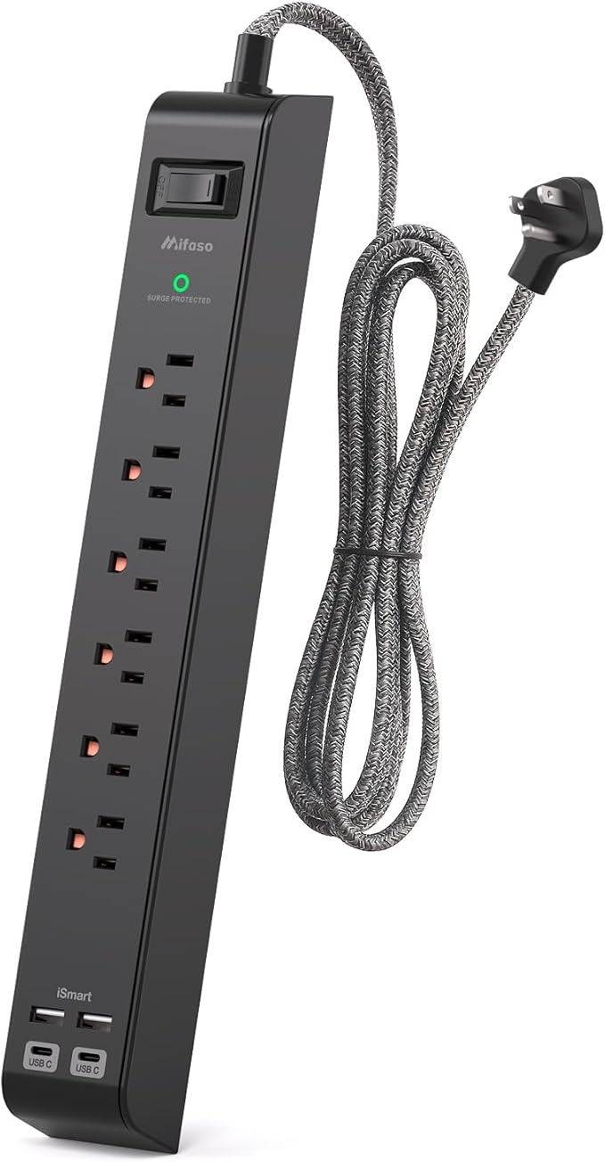 Surge Protector Power Strip 15 ft with 4 USB Ports 2 USB-C 6 AC Outlets, Flat Plug Extension Cord, USB Charging Station, Wall Mountable for Home, Office, Dorm Essentials, 1080J, ETL Listed, Black