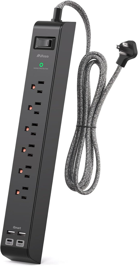 Surge Protector Power Strip 15 ft with 4 USB Ports 2 USB-C 6 AC Outlets, Flat Plug Extension Cord, USB Charging Station, Wall Mountable for Home, Office, Dorm Essentials, 1080J, ETL Listed, Black