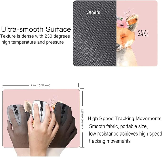 Mouse Pad, Cute Fox Mouse Pad for Women, Washable Square Cloth Mousepad for Office Laptop, Non-Slip Rubber Base Computer Mouse Pads for Wireless Mouse, Kawaii Mouse Pads for Desk