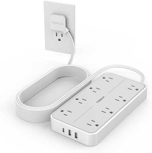 Flat Plug 15 FT Extension Cord, TESSAN Surge Protector Power Strip with 8 AC and 3 USB(1USB-C) Ports, 1080J Protection, Wall Mount Widely Spaced Charging Station for Home, Office, School, Dorm Room