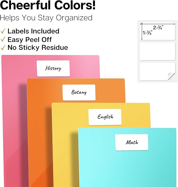 Dunwell Plastic 2-Pocket Folders, (6 Pack) Pastel Colors, 8.5x11 Folders with Pockets, Tear-Resistant Long Lasting Acid-Free Poly, Cleanable, Includes Labels