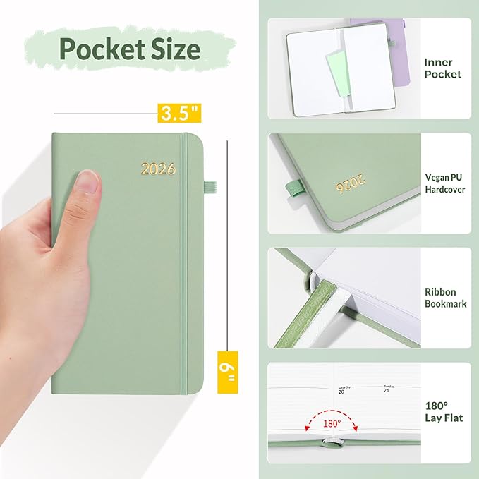 SUNEE 2026 Pocket Weekly Planner for Purse 3.5" x 6" - 12 Month (January 2026 - December 2026), Small Size Planner, Hardcover, Notes, Pocket, 100 GSM Paper, Sage Green