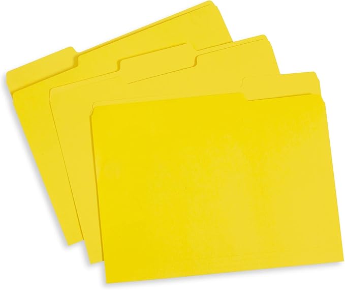 File Folder, 1/3 Cut Tab, Letter Size, Yellow, Great for Organizing and Easy File Storage, 100 Per Box