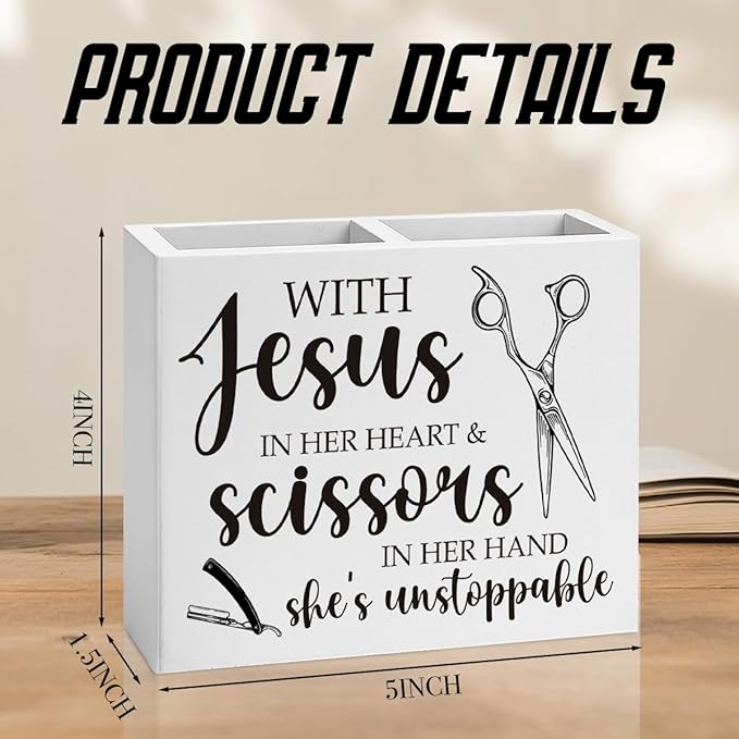 Hairstylist Gifts, Hairdresser Gift for Women Men Friend Employee Rustic with Jesus in Her Heart and Scissors in Her Hand Wooden Box Holder Home Hair Salon Barbershop Decor