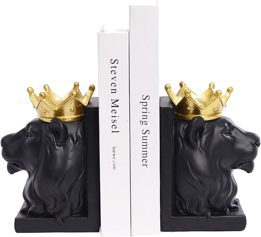 Book Ends Decorative, Lion Bookends for Shelves, Animal Book Stopper Decorative, Modern Book Ends for Heavy Books, Lion Figurines Statues Indoor, Unique Book Lover Gift(Black Lion)