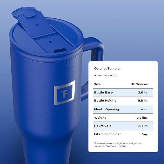 IRON °FLASK Co-Pilot Insulated Mug w/Straw & Flip Cap Lids - Cup Holder Bottle for Hot, Cold Drink - Leak-Proof - Water, Coffee Portable Travel Mug - Cobalt Blue, 32 Oz