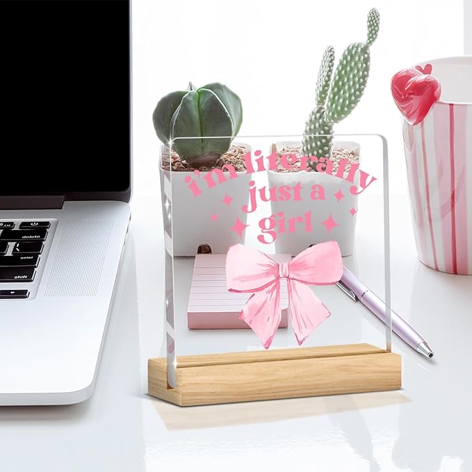 Pink Bow Decor Preppy Coquette Gifts Pink Girl Room Decor Bow Sign Acrylic Sign Plaque Table Decorations for Home Farmhouse Bedroom