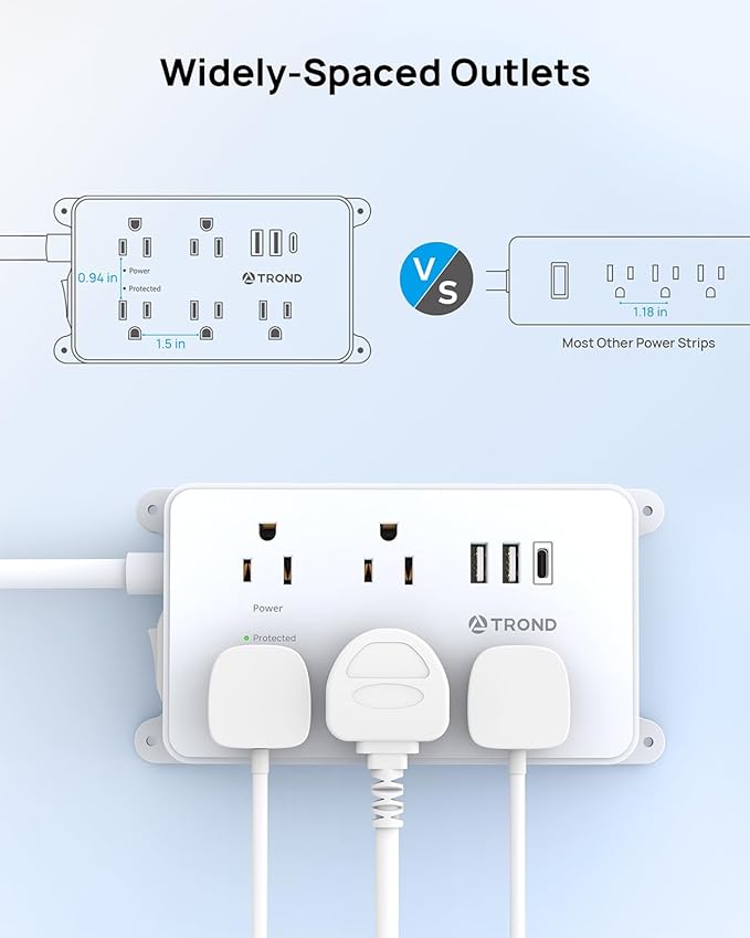 TROND Power Strip with USB, 10ft Extension Cord Surge Protector, 5 Widely Spaced Outlets with 3 USB Ports, ETL Listed, 1300J, Low-Profile Flat Plug, Wall Mountable, White