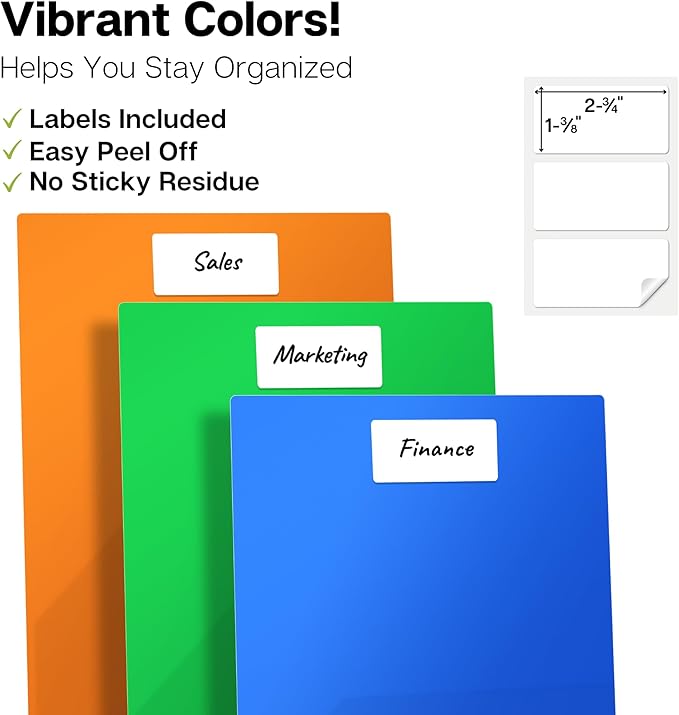 Dunwell Plastic 2-Pocket Folders (6 Pack, Assorted Colors), 8.5x11 Document Folders for School and Office, Heavy Duty Poly, Long Lasting, Includes Labels