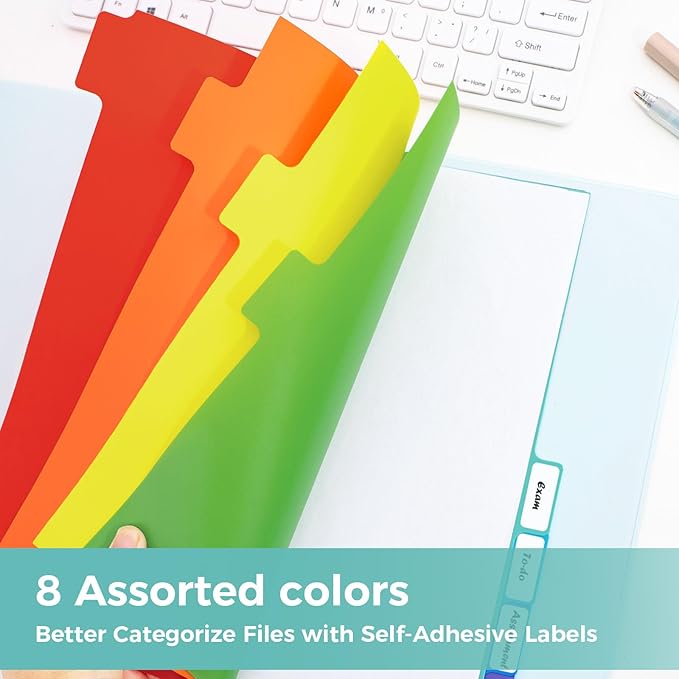 SUNEE 8 Tab Binder Dividers,Plastic Dividers for 3 Ring Binder,3 Ring Binder Dividers with Tabs for School Office Home Supplies,Bright Color, 5 Set