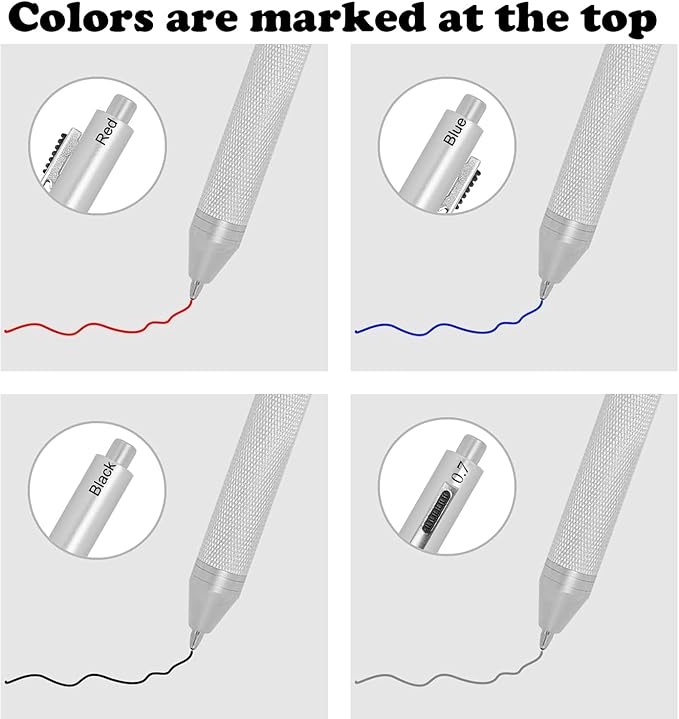 4 in 1 Multi Function Refillable and Retractable Multi Color Pen,Black Red Blue Ballpoint Pen and 0.7mm Multicolor Pencil, Multicolor Pen Gift for Journaling (Silver)