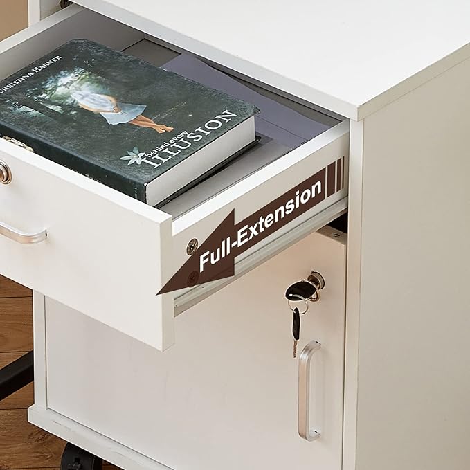 TUKAILAi Mobile File Cabinet with Lockable Drawer & Door, Under Desk Rolling Filing Cabinet with 4 Wheels, Wooden Stationery Storage Cabinet for Home Office (White)