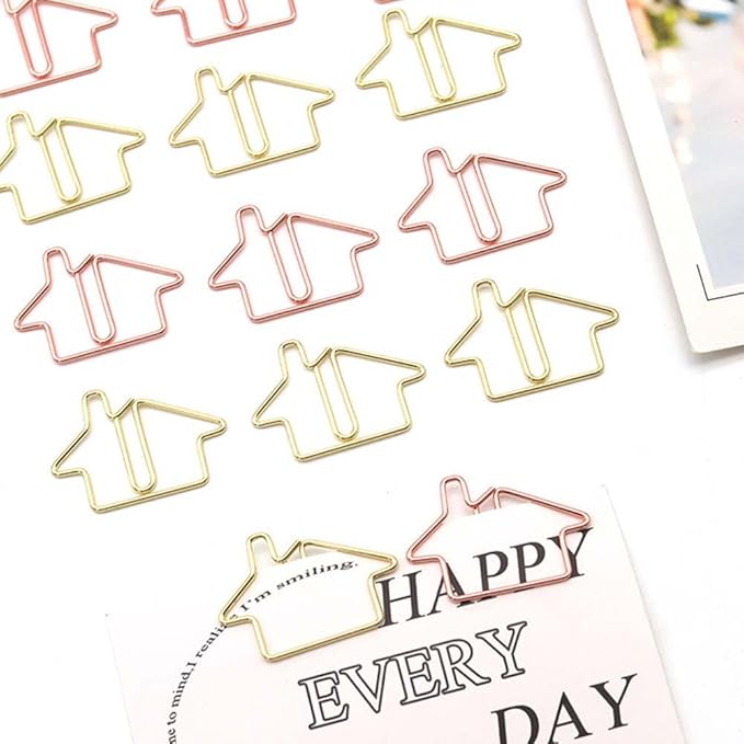 OWLFAVO 40pcs House Shape Paper Clips with Clear Box, Rose Gold and Yellow Gold, Funny Cute Paperclips Bookmarks Planner Clips for Fun Office Supplies School Gifts Wedding Decoration