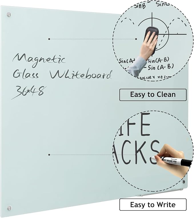 Magnetic Glass Dry Erase Board - White Board 48 x 96 Inch Wall Mounted Glass Whiteboard, Large Frameless White Board for Wall Office, Home & School,