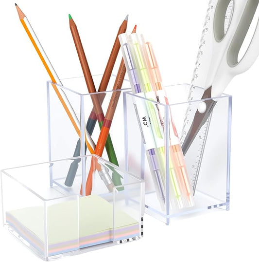3 Pcs Acrylic Pen Pencil holder and Sticky Note Holder,Clear Desk Organizer,Desk Accessories for Office School Home