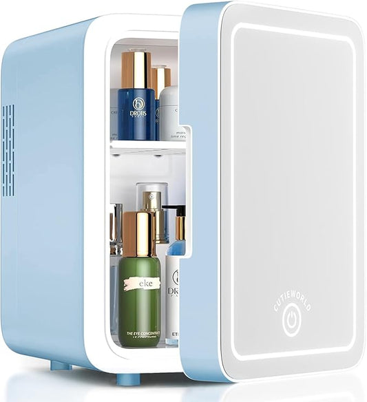 Skincare Fridge With Dimmable LED Light Mirror, 4L Makeup Mini Fridge for Bedroom, Car, Office & Dorm, Cooler & Warmer, Portable Small Refrigerator for Cosmetics, Skin Care and Food, Blue