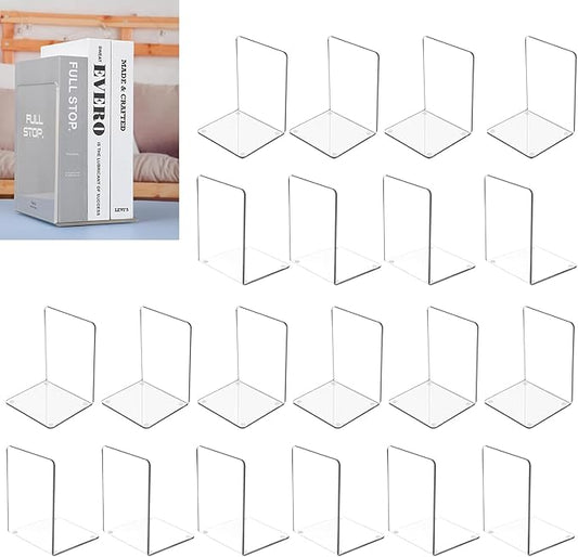 MerryNine Acrylic Book Ends 20pcs for Shelves, Clear Bookends for Shelves, Book end Organizer, Book Holder Stand Decorative, Book Stoppers for Heavy Duty Books (7.08"x4.72"_10 Pairs)