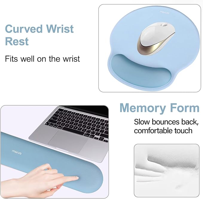 MOSISO Wrist Rest Support for Mouse Pad&Keyboard Set, Circle Curved Ergonomic Mousepad&Coaster Non-Slip Base Home/Office Pain Relief&Easy Typing Pad with Soft Cloth&Silicone Lining, Air Blue