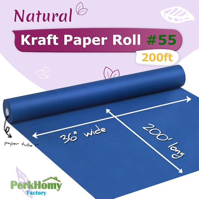 PerkHomy 36" x 2,400" (200') Blue Kraft Paper Roll for Craft Bulletin Board Paper Art Table Covering Crafting Gift Wrapping Bouquet Packing Parcel 80GSM 55LB (Blue, 36" x 200')