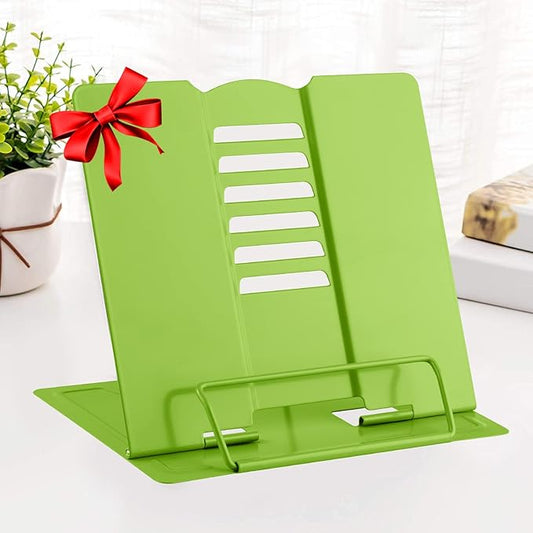 MSDADA Book Stand Metal Reading Rest Book Holder Adjustable Cookbook Documents Holder Portable Sturdy Bookstands for Recipes Textbooks Tablet Music Books with Page Clips (Green)