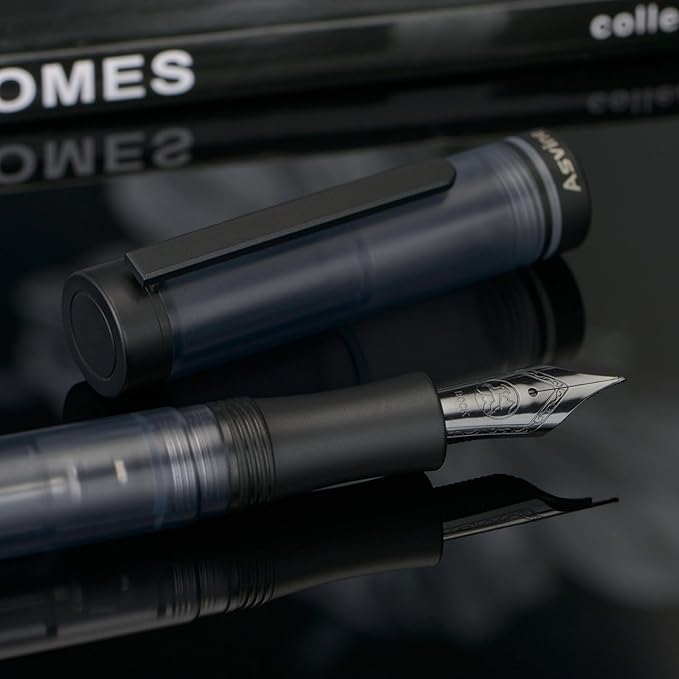 Asvine V200 Titanium Fountain Pen Vacuum Filling, Matte Black Bock Extra Fine Nib Clear Demonstrator Acrylic with Pen Case and Wrench