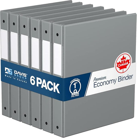 Premium Economy 6-Pack 3-Ring Binders for School or Office, Round-Ring Binders, 1 Inch, Gray