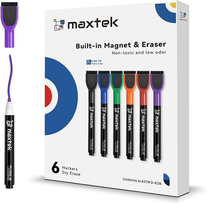 maxtek Dry Erase Markers - 6 Count Colorful Magnetic Dry Erase Markers Fine Tip with Eraser, Low Odor Whiteboard Markers for Calendar Boards