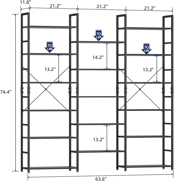 NUMENN Triple Column 6 Tier Bookshelf, Bookcase with 17 Open Display Shelves, Adjustable Rustic Industrial Style Book Shelves, Modern Bookshelves for Bedroom, Living Room and Home Office, Black