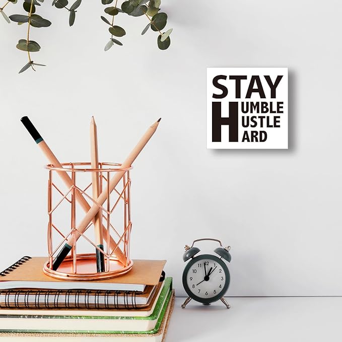Wooden Block Sign "Stay Humble Hustle Hard" 5x5x1 INCH, Motivational Office and Gym Decor, Entrepreneur Plaque for Desk or Wall, Vintage Style Work Ethic Display