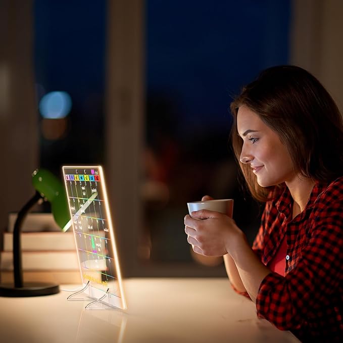 Acrylic Dry Erase Board Calendar with Light, 13.7"X10" LED Note Board with 6-Color Neon Glow Memo Monthly Planning Board for Gift/Room/Office/Wall with Stand, 7 Markers, White